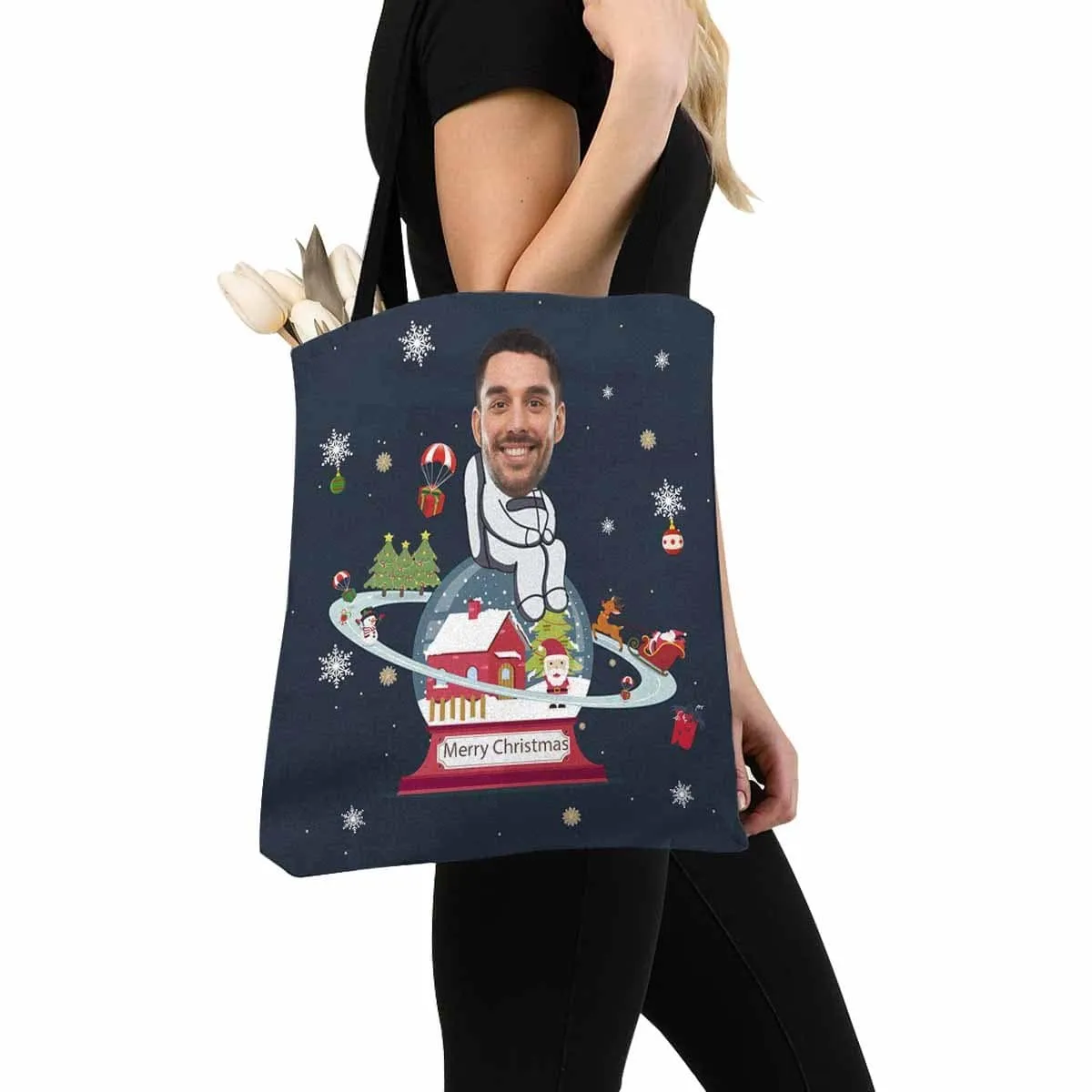 Custom Face Christmas Crystal Ball Canvas Tote Bag