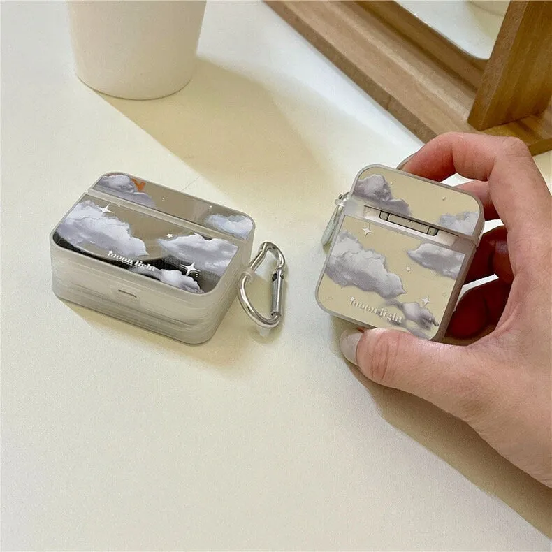 Cute Electroplated Silver White Cloud Print Protective Shockproof Cover AirPods Case   Silver Carabiner for AirPods 1 2 3 Pro 2 Generation