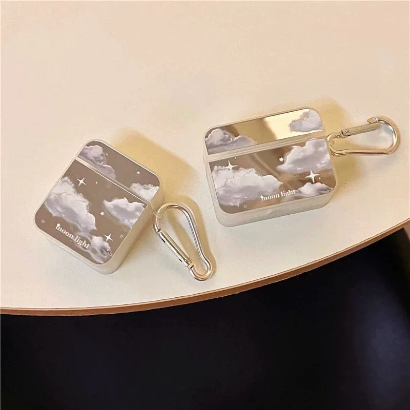 Cute Electroplated Silver White Cloud Print Protective Shockproof Cover AirPods Case   Silver Carabiner for AirPods 1 2 3 Pro 2 Generation