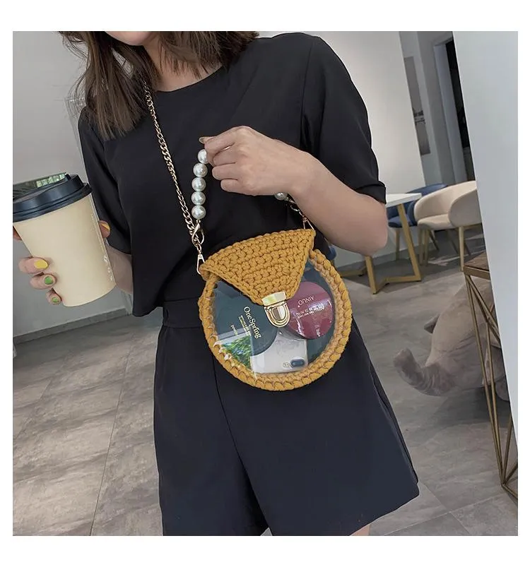 Cute Round Yellow(Flap) Crochet Crossbody Purse PMMA Crochet Shoulder Round Handbag for Girl Circle Crochet Crossbody Purses