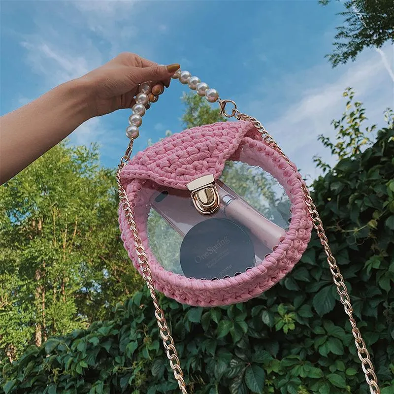 Cute Round Yellow(Flap) Crochet Crossbody Purse PMMA Crochet Shoulder Round Handbag for Girl Circle Crochet Crossbody Purses