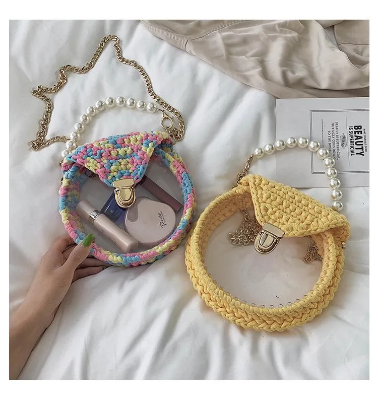 Cute Round Yellow(Flap) Crochet Crossbody Purse PMMA Crochet Shoulder Round Handbag for Girl Circle Crochet Crossbody Purses