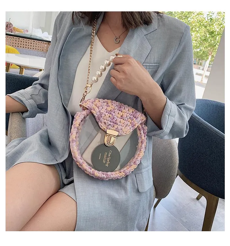 Cute Round Yellow(Flap) Crochet Crossbody Purse PMMA Crochet Shoulder Round Handbag for Girl Circle Crochet Crossbody Purses