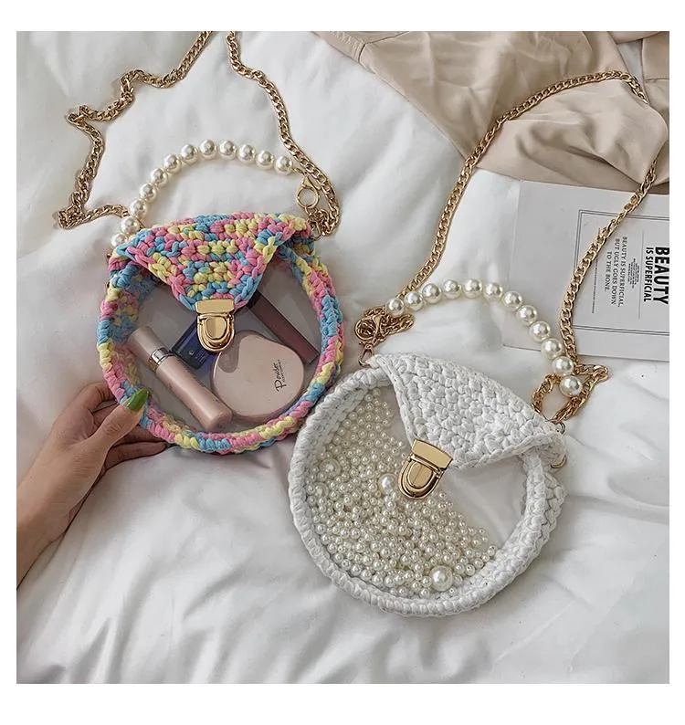 Cute Round Yellow(Flap) Crochet Crossbody Purse PMMA Crochet Shoulder Round Handbag for Girl Circle Crochet Crossbody Purses