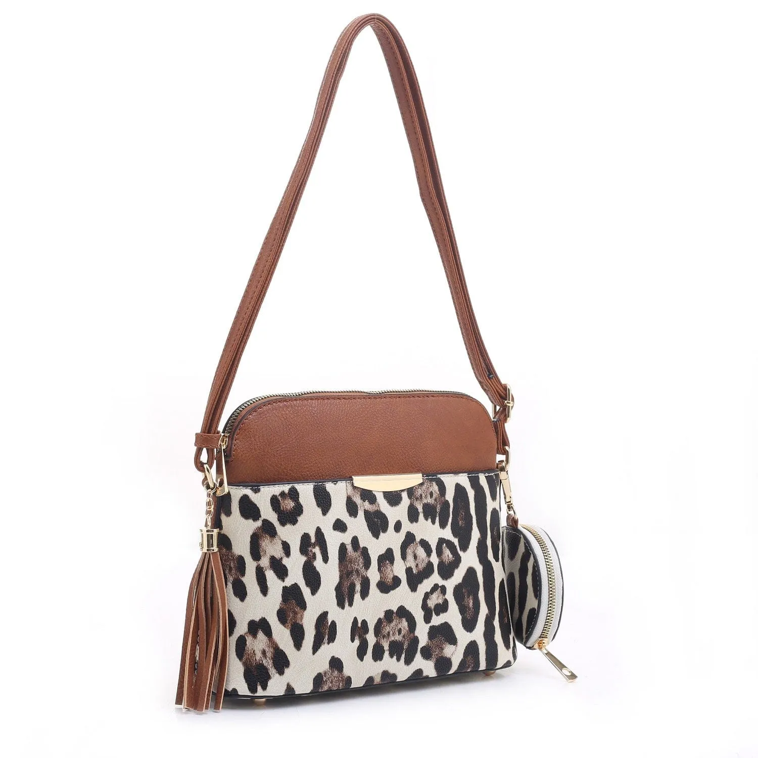 DS95314L2-6 Snow Leopard Front Pocket Dome Crossbody w/ Earbud Case