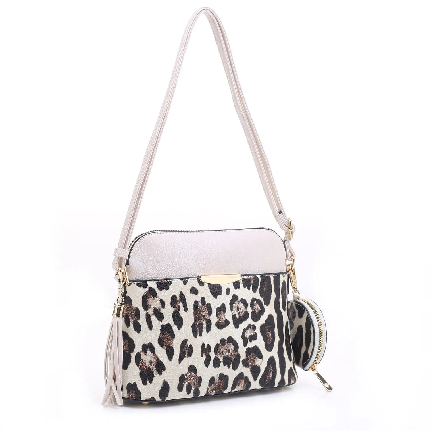 DS95314L2-6 Snow Leopard Front Pocket Dome Crossbody w/ Earbud Case