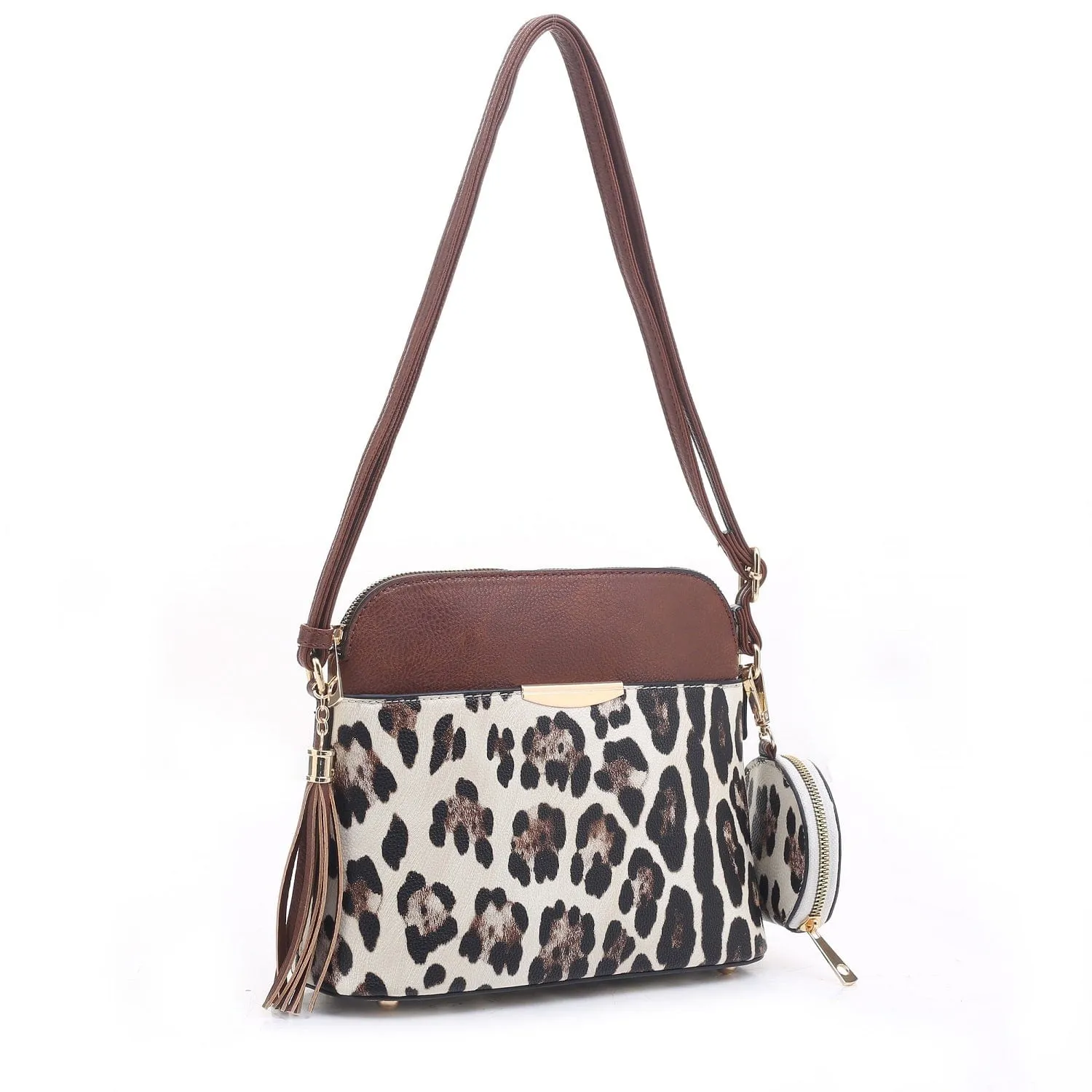 DS95314L2-6 Snow Leopard Front Pocket Dome Crossbody w/ Earbud Case