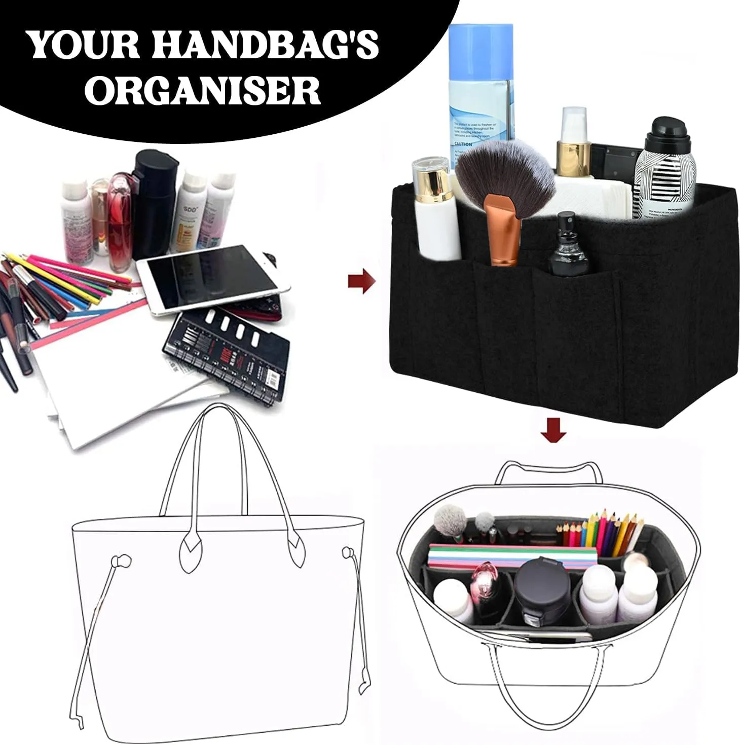 Elegant Black Felt Handbag Organizer | Durable & Stylish Bag Insert