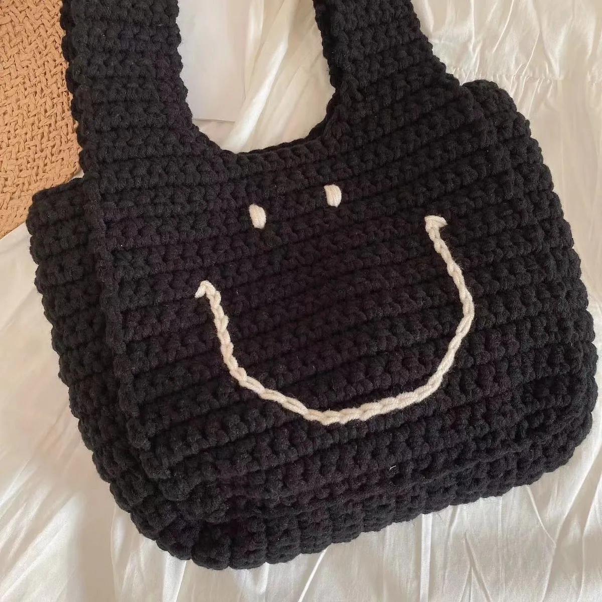 Elena Handbags Cotton Crochet Smiley Face Bag