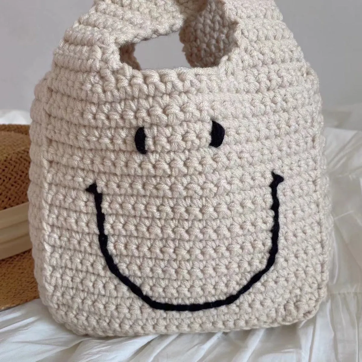 Elena Handbags Cotton Crochet Smiley Face Bag