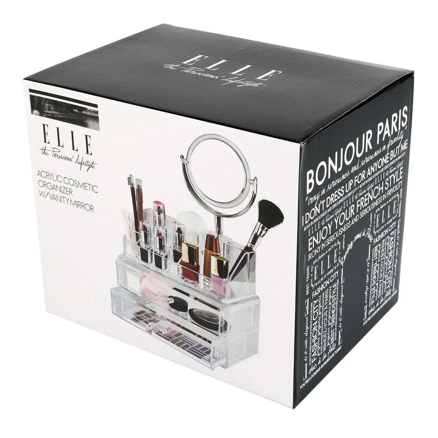 Elle Clear Acrylic Cosmetic Organizer with Vanity Mirror