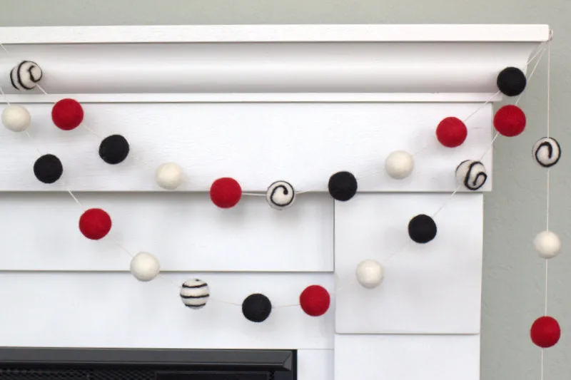 Felt Ball Garland- Red, Black, White- Swirls- Christmas, Valentine's