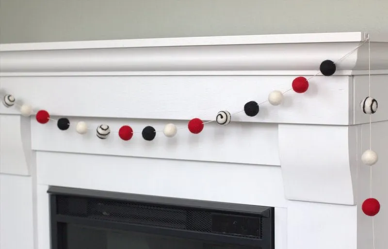 Felt Ball Garland- Red, Black, White- Swirls- Christmas, Valentine's