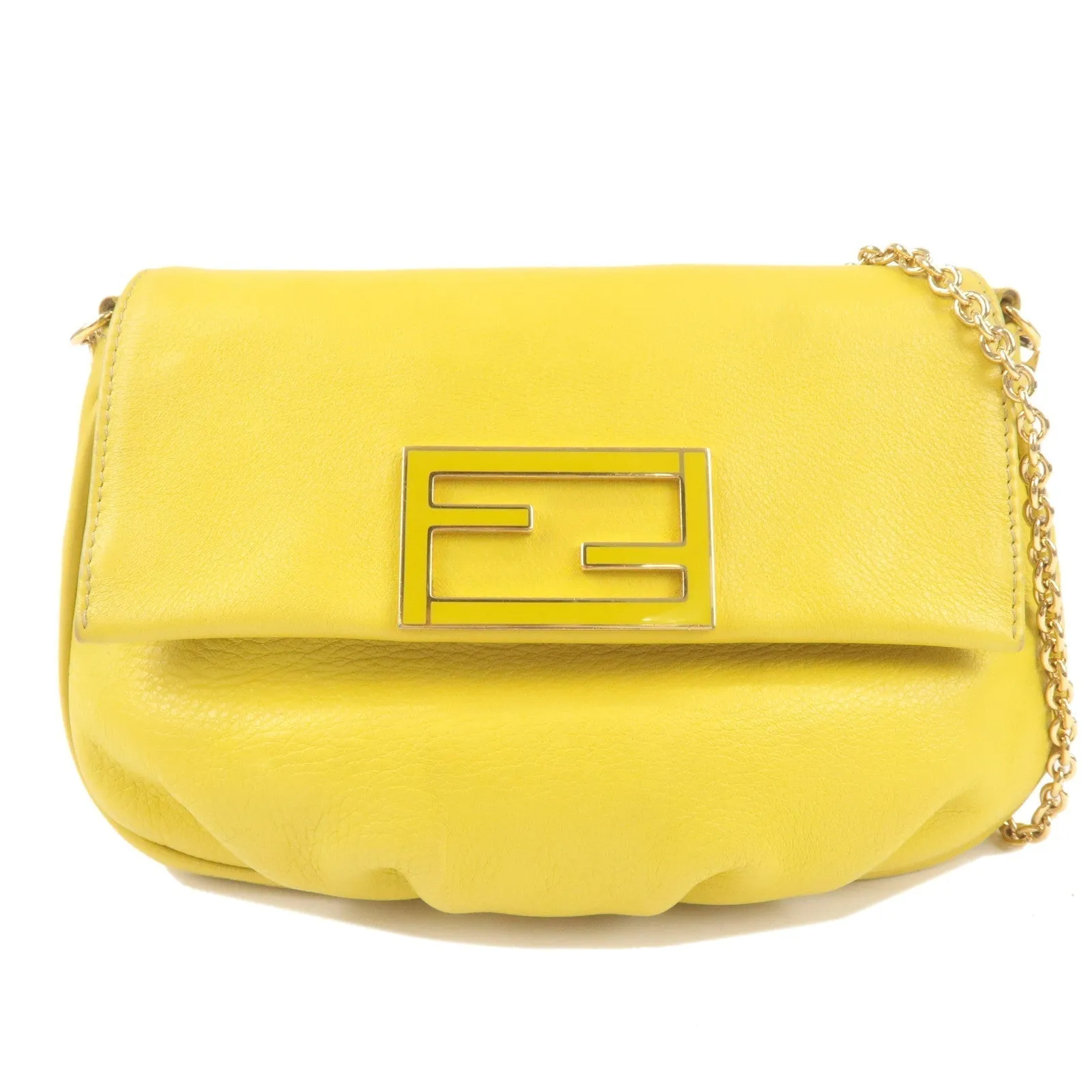 FENDI Leather Chain Shoulder Bag Clutch Bag Yellow 8M0276