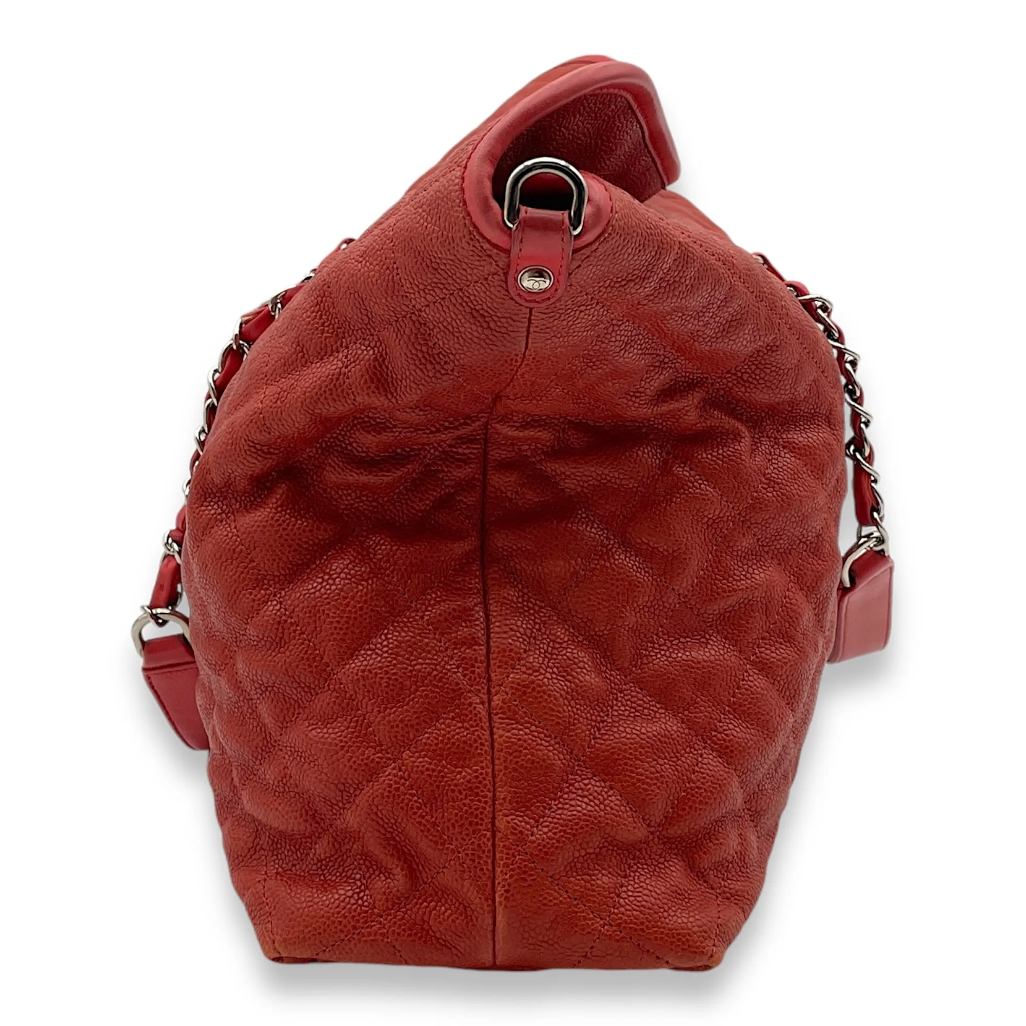 Fold Over Flap Red Top Handle Bag in Caviar Leather, Silver hardware