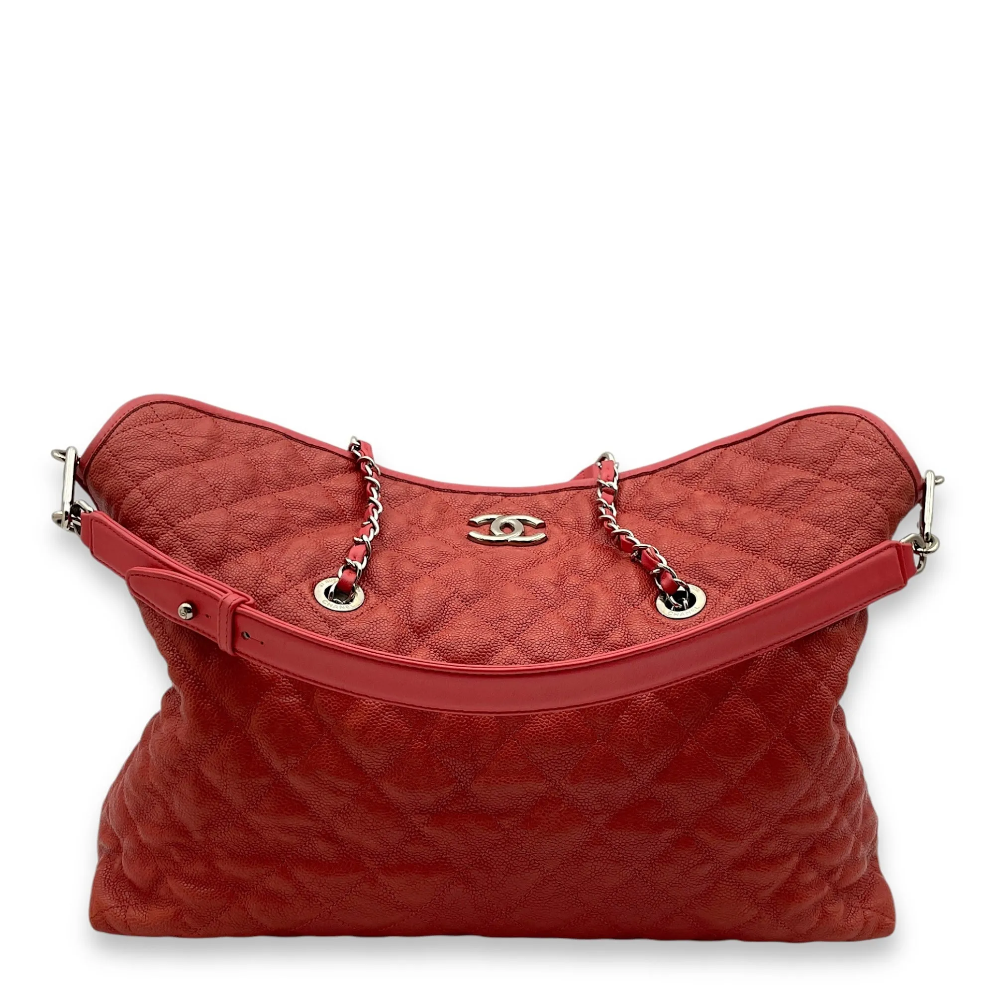 Fold Over Flap Red Top Handle Bag in Caviar Leather, Silver hardware