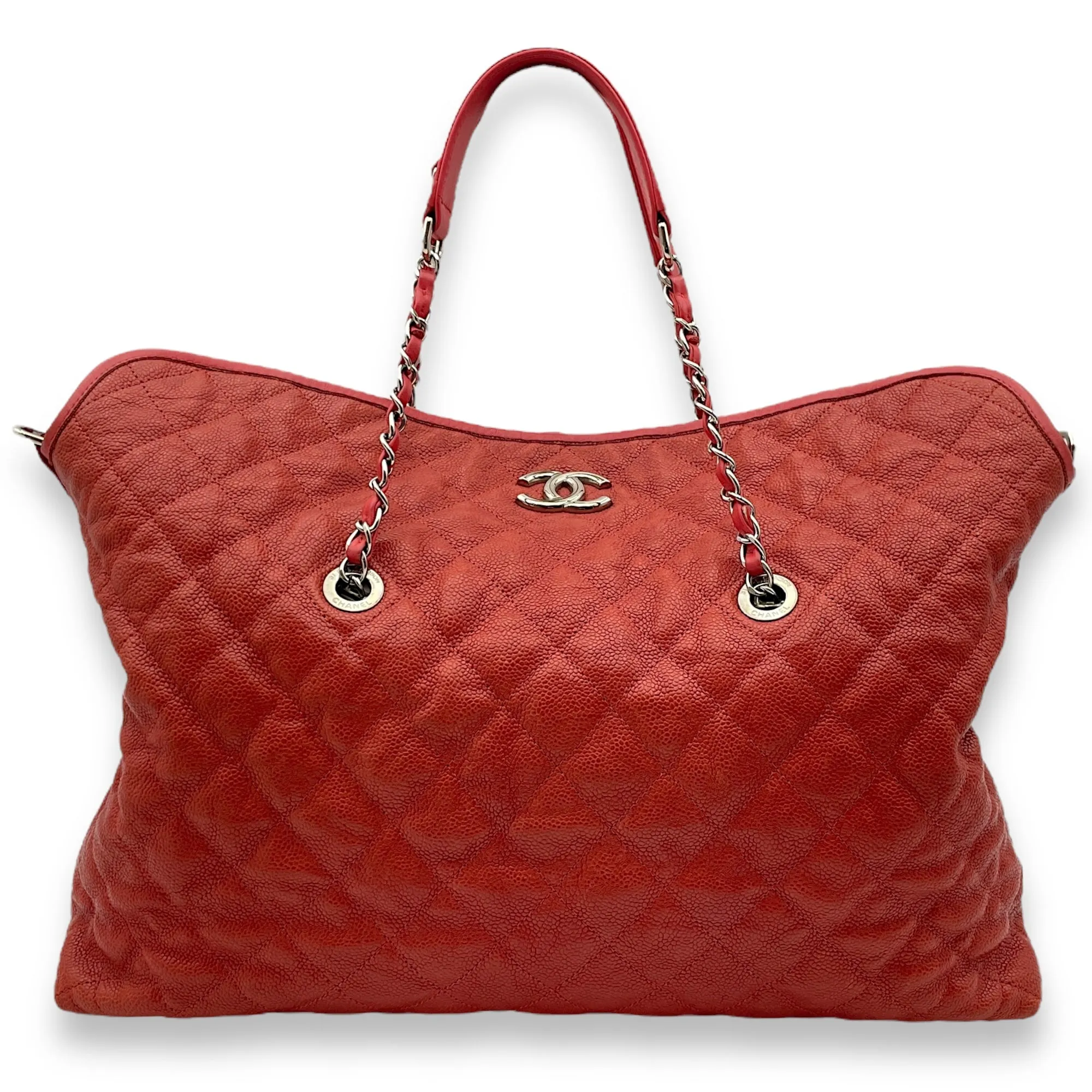 Fold Over Flap Red Top Handle Bag in Caviar Leather, Silver hardware