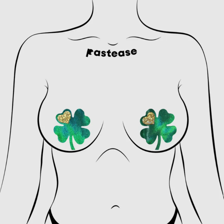 Four Leaf Clover: Holographic Green Shamrocks with Hearts o' Gold Nipple Pasties