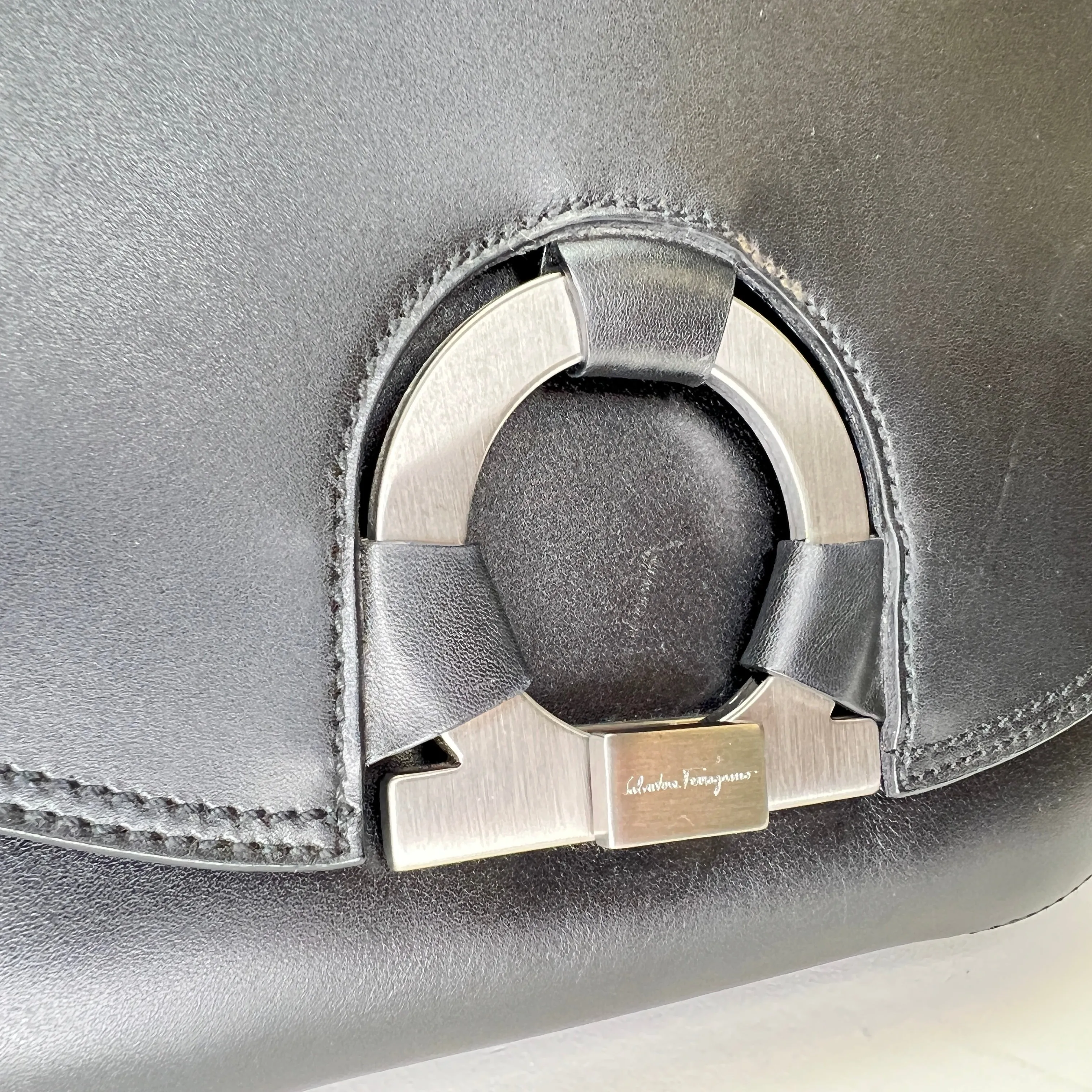 Gancini Flap Black Top Handle Bag in Calfskin, Silver hardware