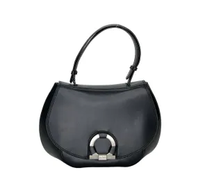 Gancini Flap Black Top Handle Bag in Calfskin, Silver hardware