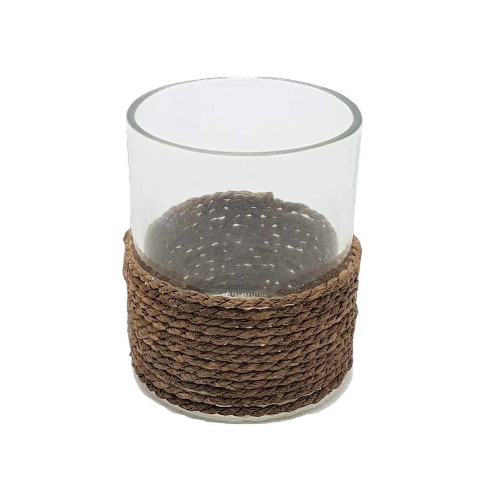 Glass Votive & Tealight Holder with Brown String Trim