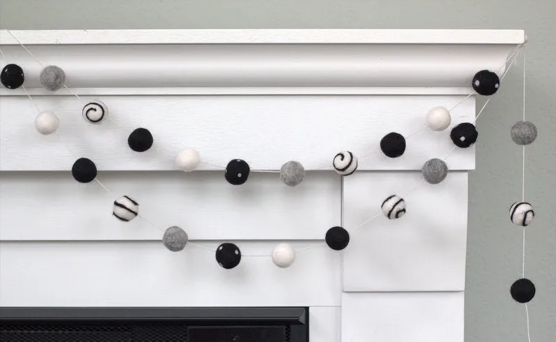 Halloween Felt Ball Garland- Black, Gray- Swirls