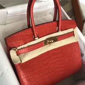 Hermès Birkin 30 Geranium Crocodile Porosus Matte Gold Hardware GHW