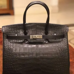 Hermès Birkin Limited Edition 35 Noir (Black) Tri-Leather, Veau Box, Taurillon Clémence Alligator Mississippi Matte Palladium Hardware PHW