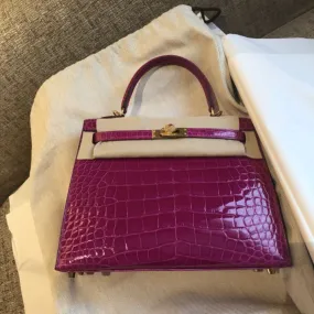 Hermès Kelly 25 Rose Sheherazade Sellier Crocodile Niloticus Lisse Gold Hardware GHW