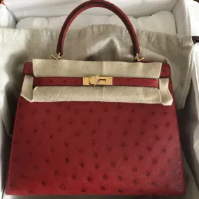 Hermès Kelly 25 Rouge Vif Ostrich Gold Hardware GHW