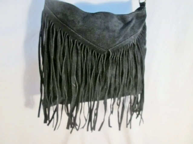 Hippie suede FRINGE leather hobo crossbody shoulder western bag BLACK cowboy