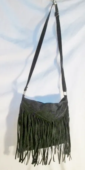 Hippie suede FRINGE leather hobo crossbody shoulder western bag BLACK cowboy