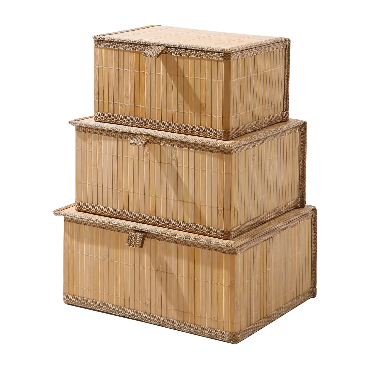 HomeStorie Eco-Friendly Bamboo Storage Boxes with Lid, Brown, Large Medium Small, Rectangle, Set of 3 (AR2163)