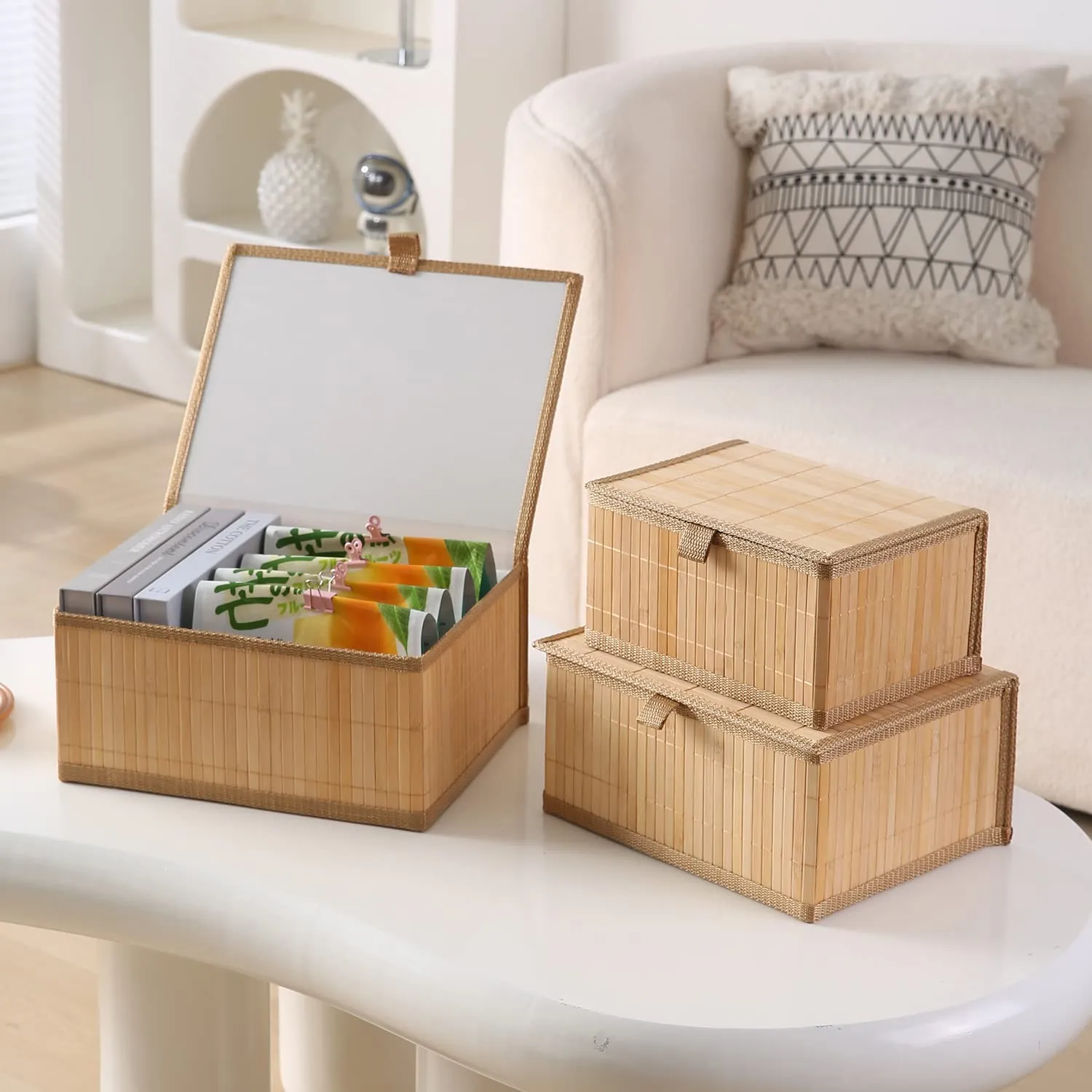 HomeStorie Eco-Friendly Bamboo Storage Boxes with Lid, Brown, Large Medium Small, Rectangle, Set of 3 (AR2163)