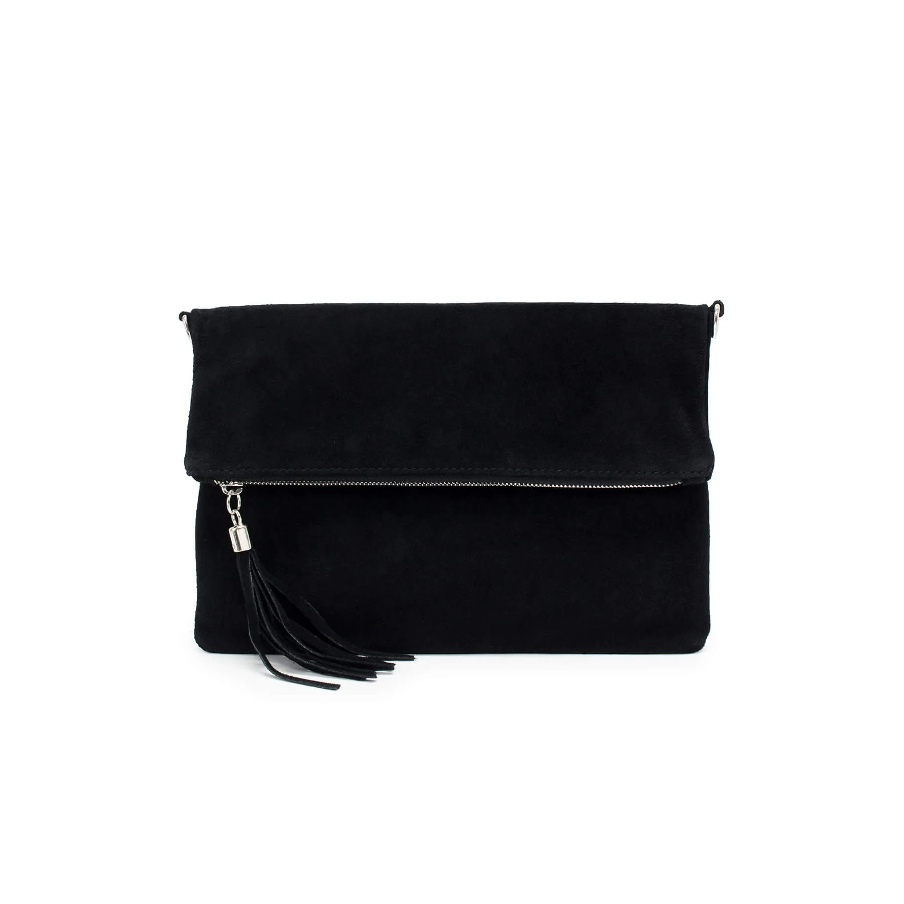 Italian Designer Foldover Plain Suede Leather Clutch Eleganza- Black