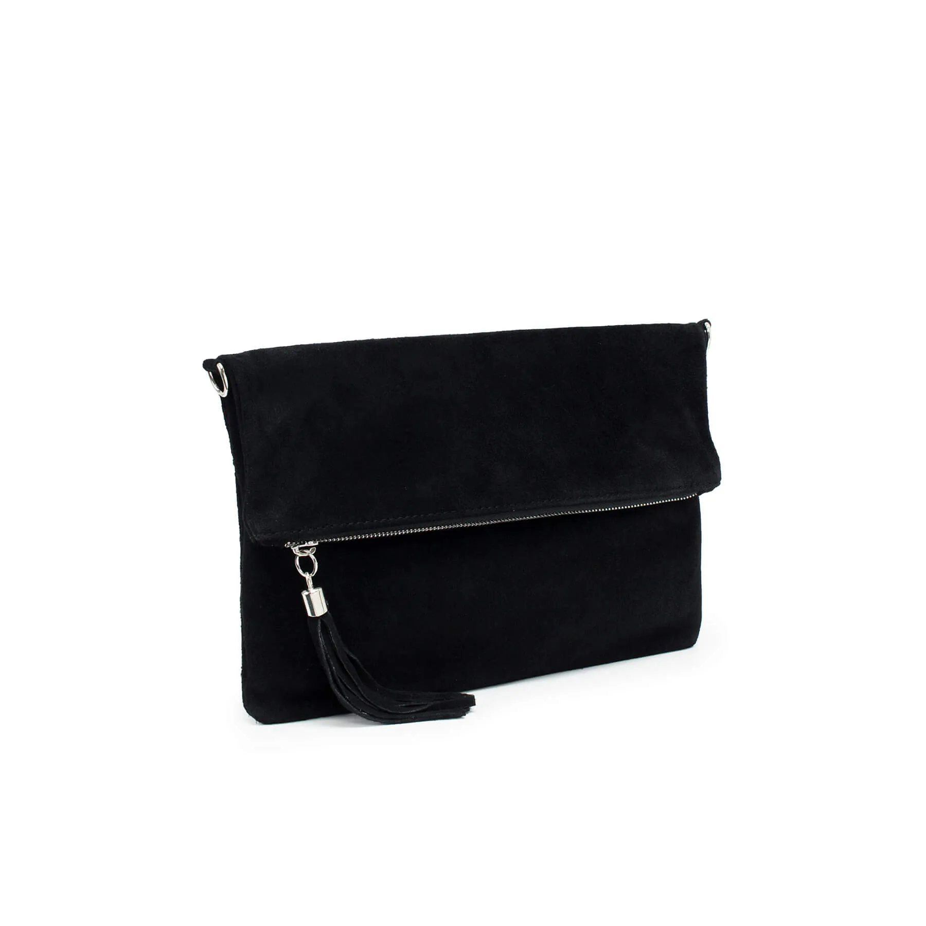 Italian Designer Foldover Plain Suede Leather Clutch Eleganza- Black