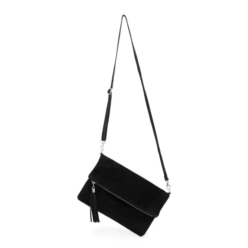 Italian Designer Foldover Plain Suede Leather Clutch Eleganza- Black