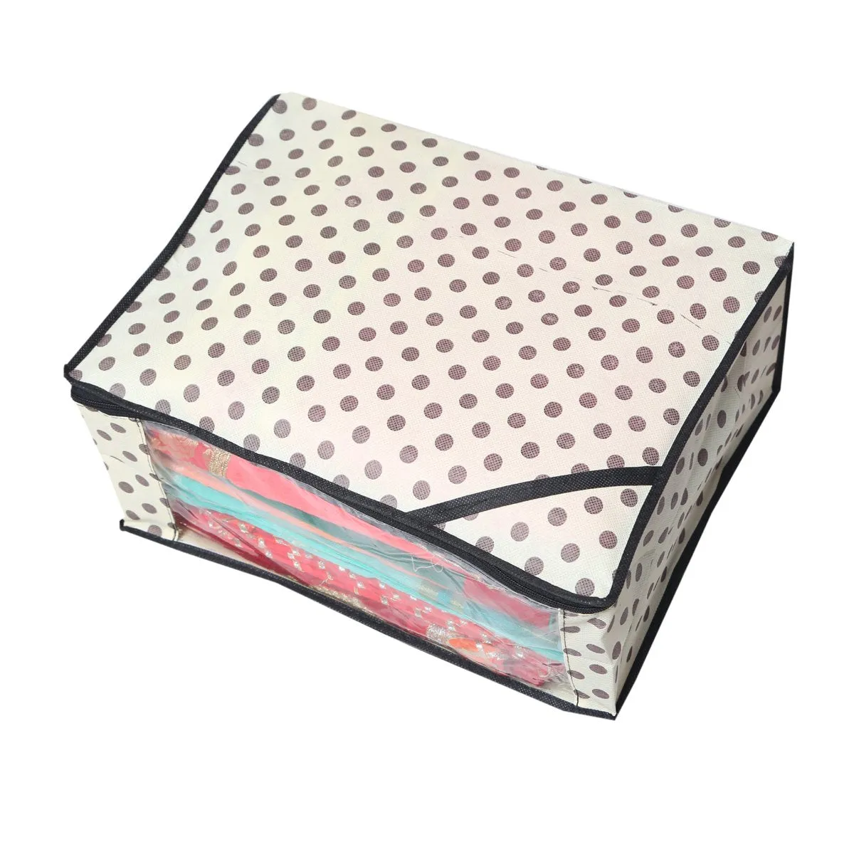 Kuber Industries Polka Dots Designer 3 Piece Non Woven Saree Cover Set, Ivory (NWSC09)