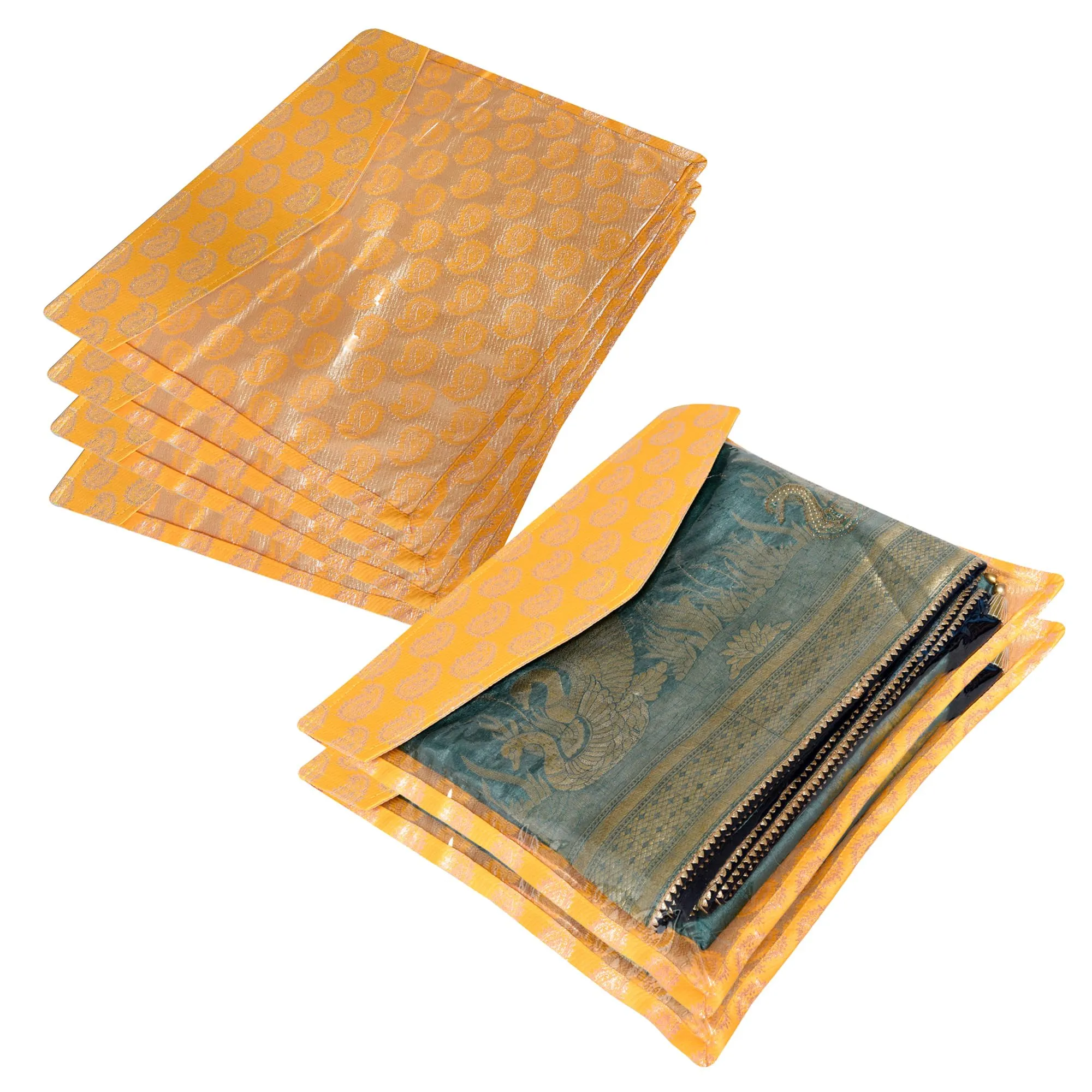 Kuber Industries Saree Cover | Clothes Storage Bag | Single Packing Saree with Zip Closure | Wardrobe Organizer | Cloth Stoarge Organizer | Carry Jama-Design | Pack of 6 | Yellow