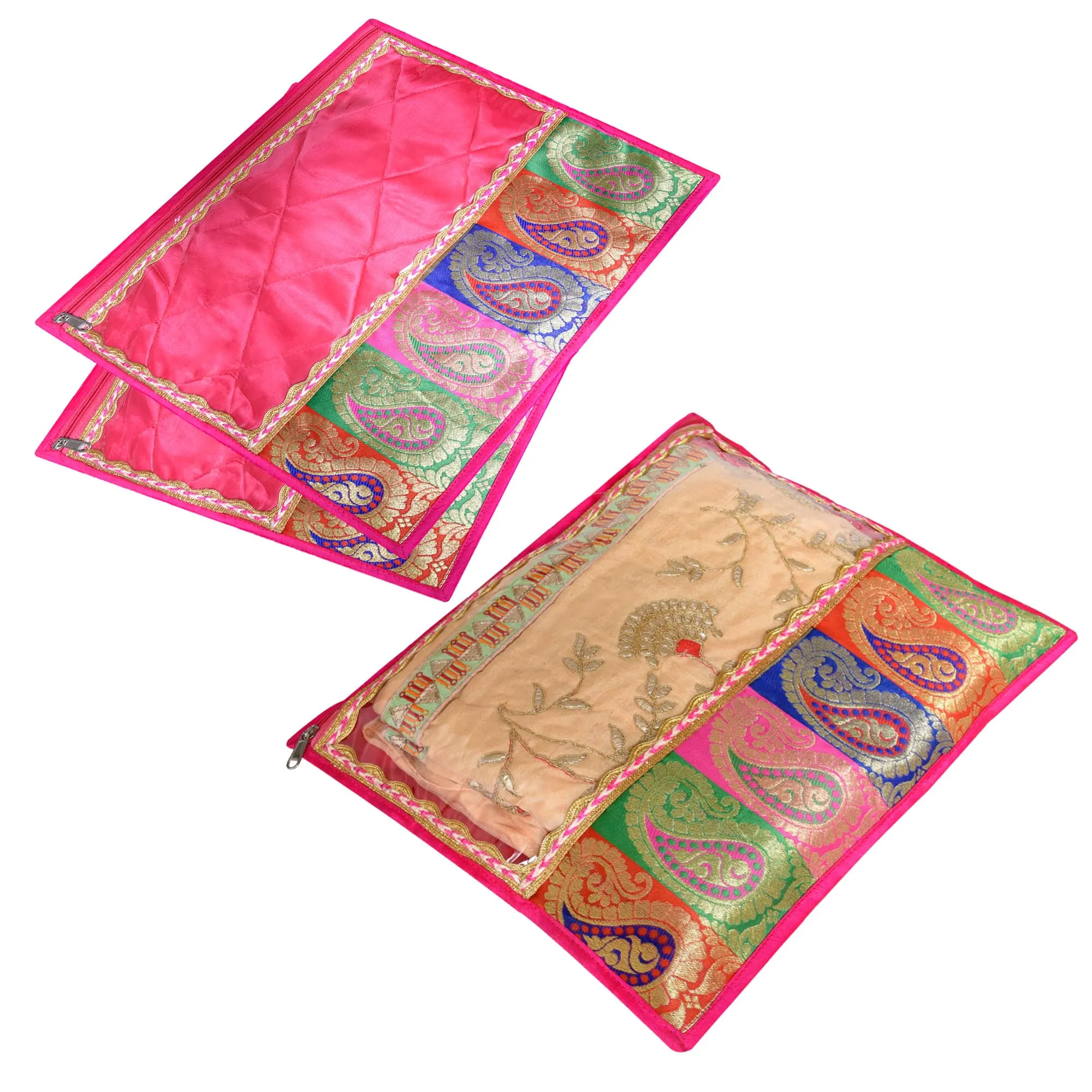 Kuber Industries Saree Cover | Zipper Closure Single Packing Saree Bag | Clothes Saree Stoarge Organizer | Wardrobe Organizer with Handle | Transparent View Packing Saree Cover | Pack of 3 | Pink