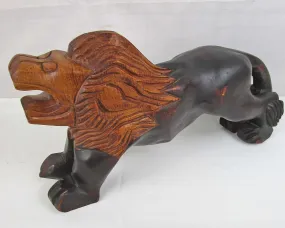 Large Hand Carved Wooden Lion Statue 1pc Vintage