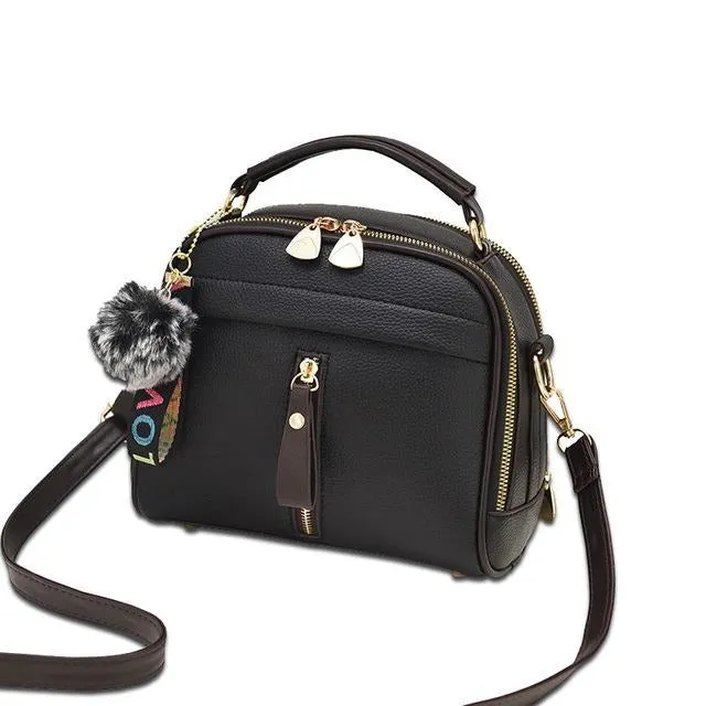Leather Women Messenger Bag With Ball Toy Keychain