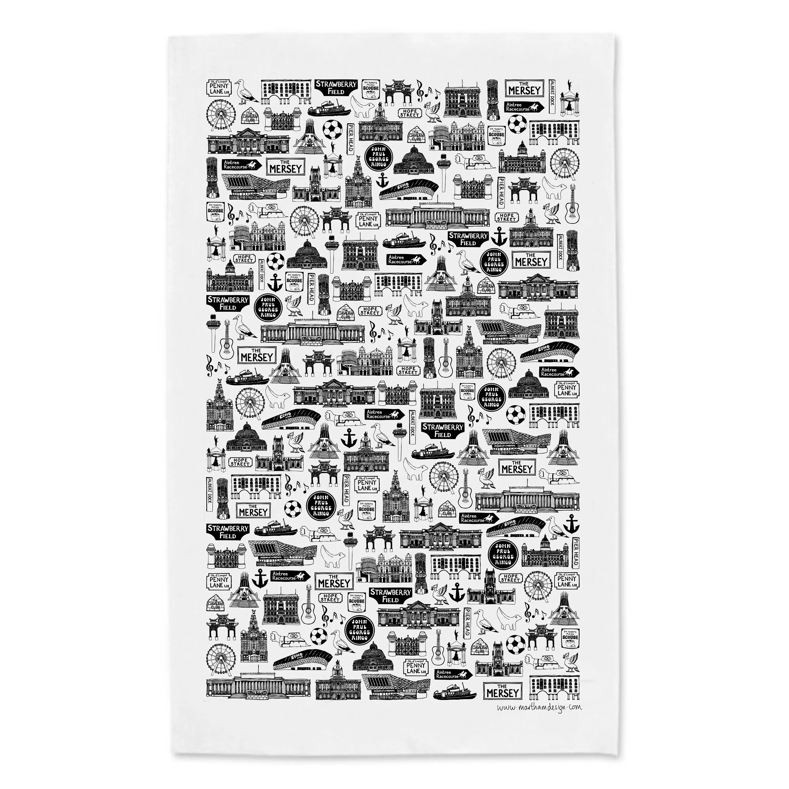 Liverpool Illustrated Black And White Tea-Towel