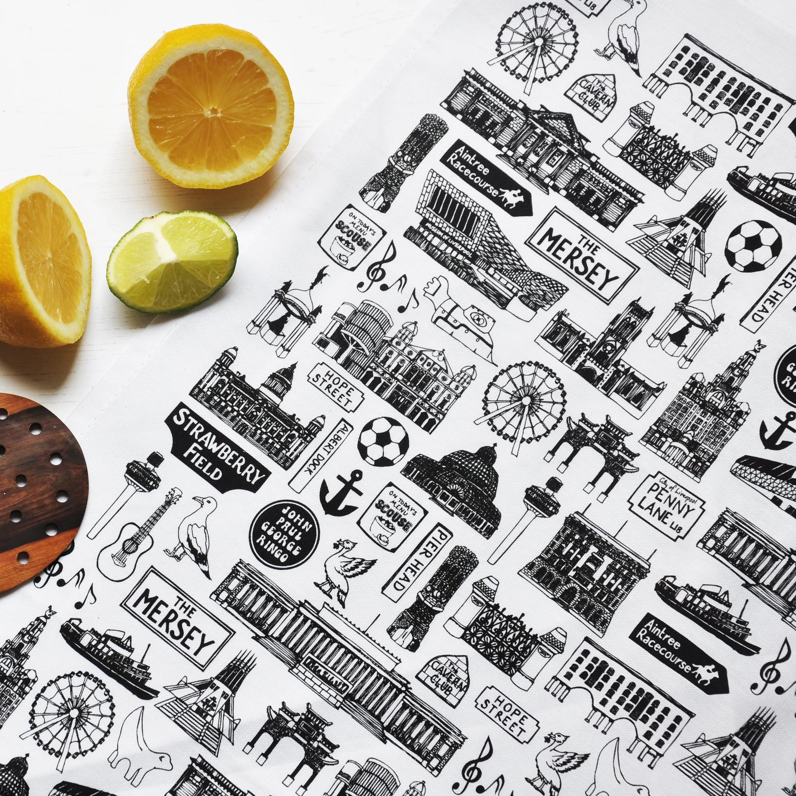 Liverpool Illustrated Black And White Tea-Towel