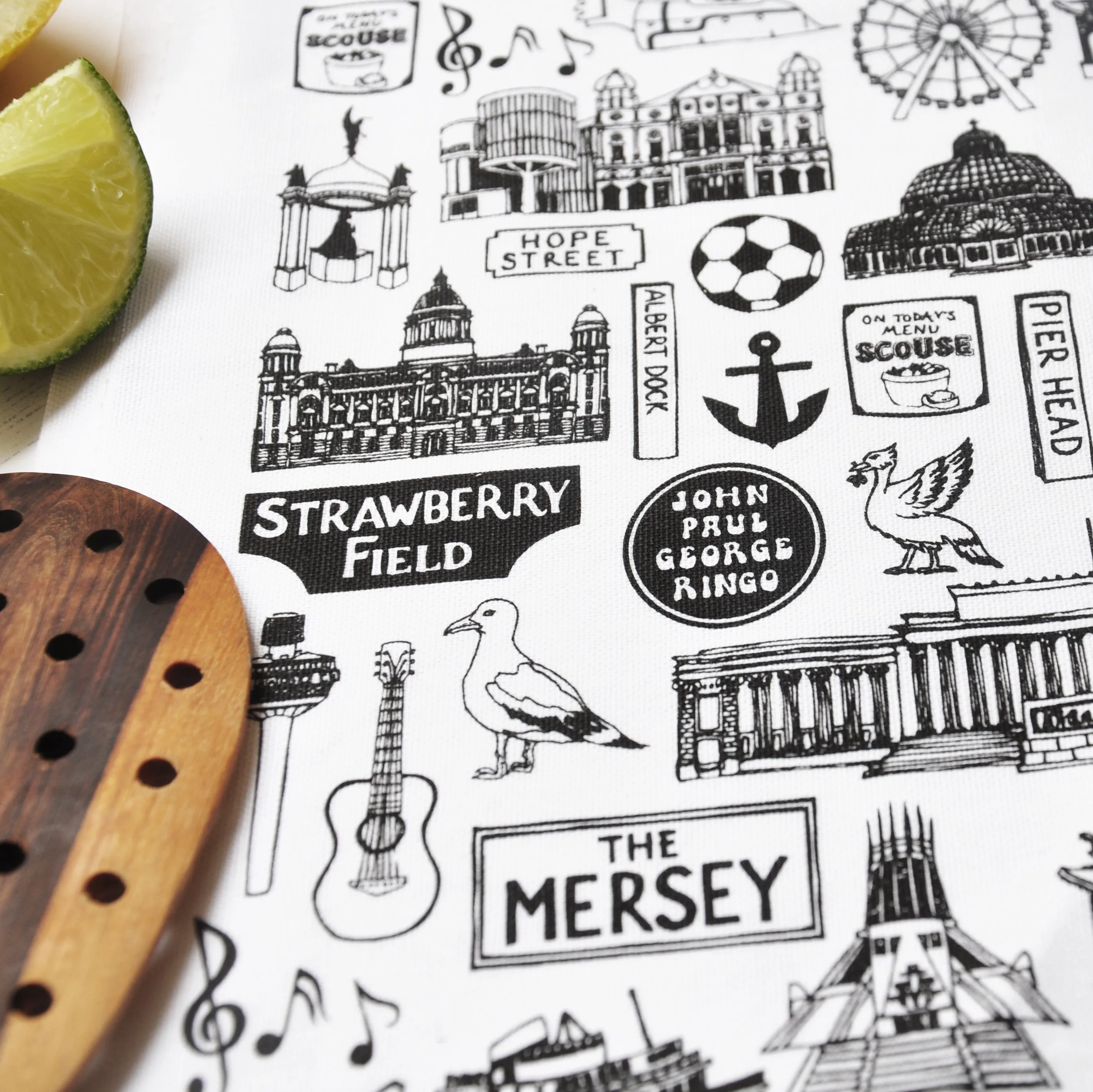 Liverpool Illustrated Black And White Tea-Towel