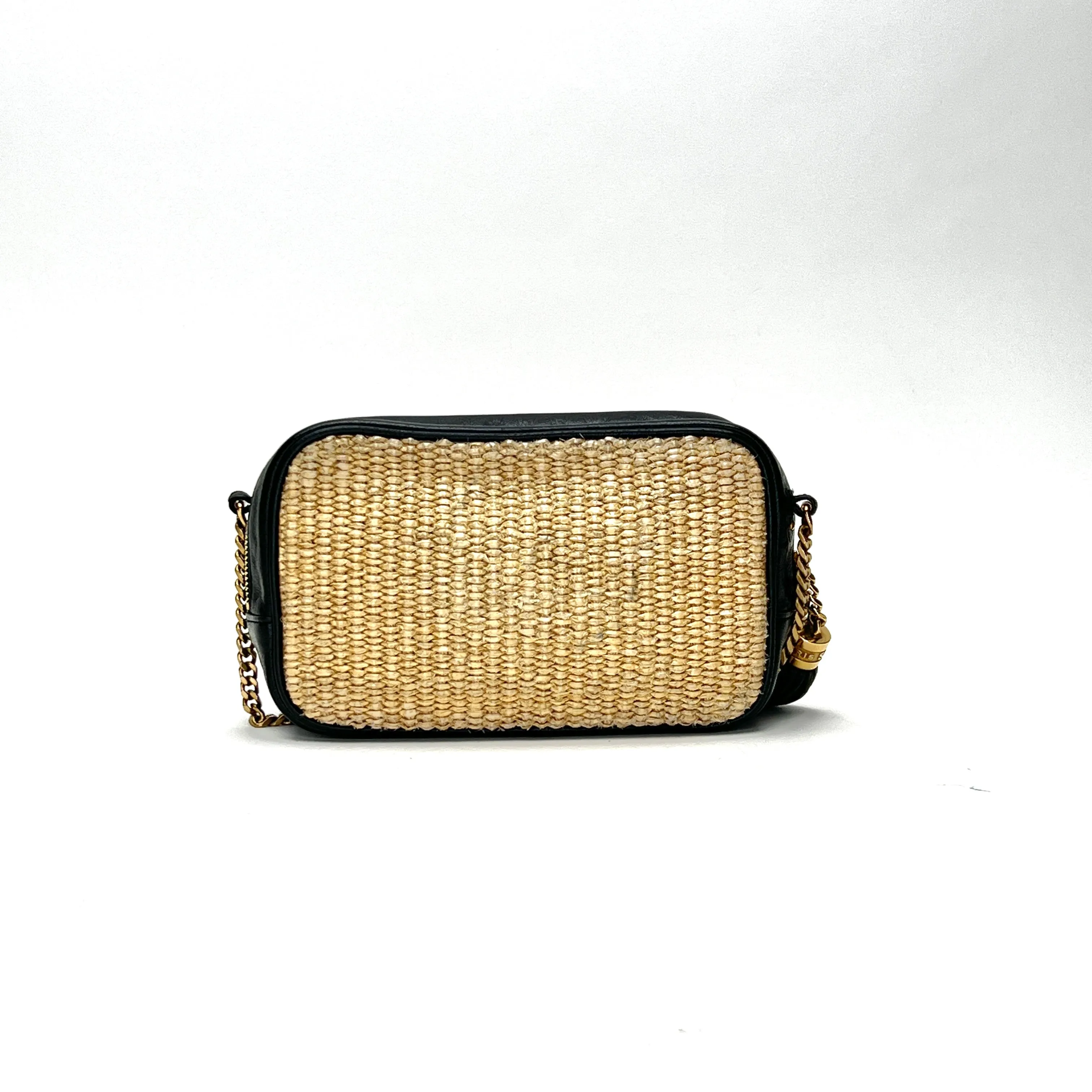 Lou Camera Mini Cream Crossbody Bag in Raffia, Gold hardware