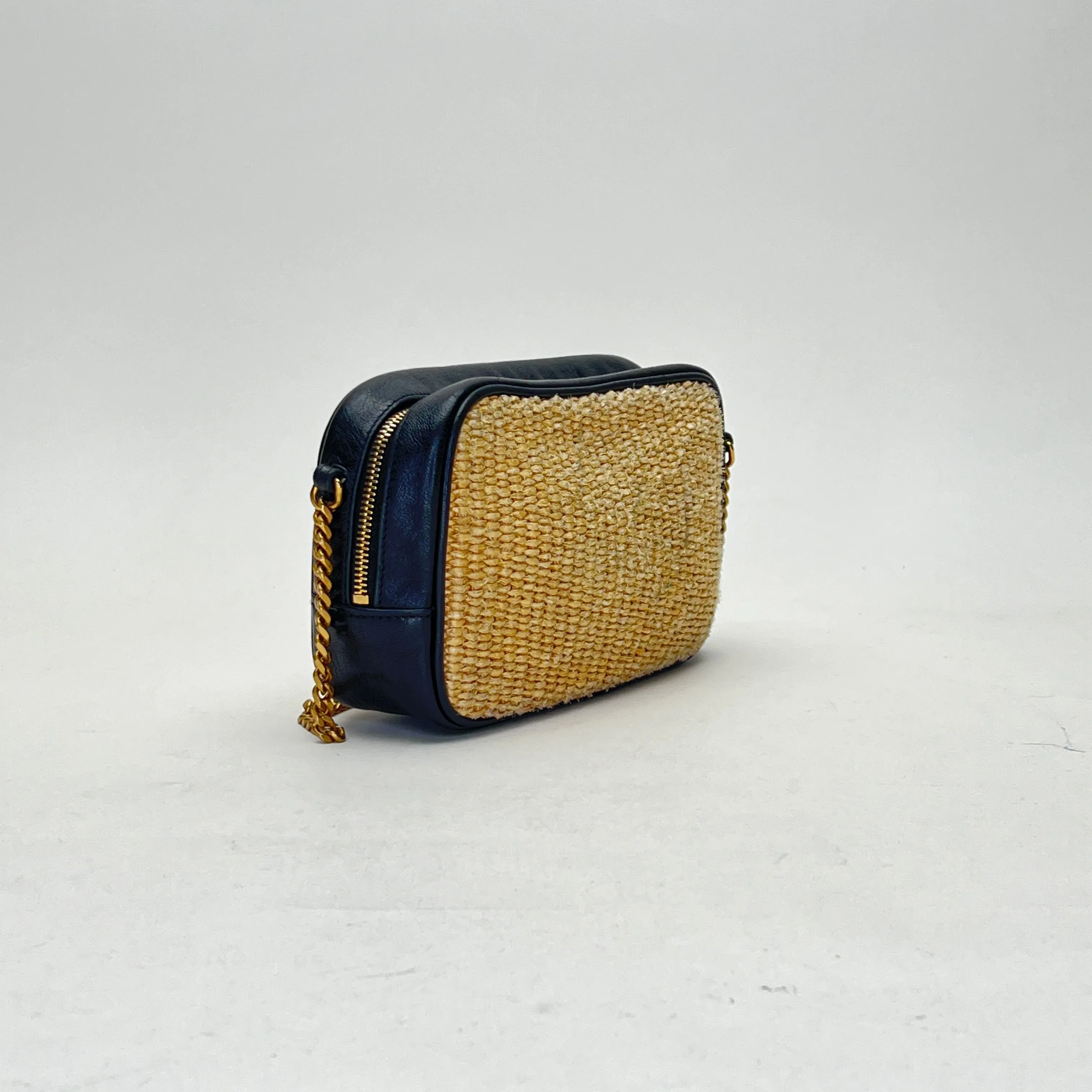 Lou Camera Mini Cream Crossbody Bag in Raffia, Gold hardware