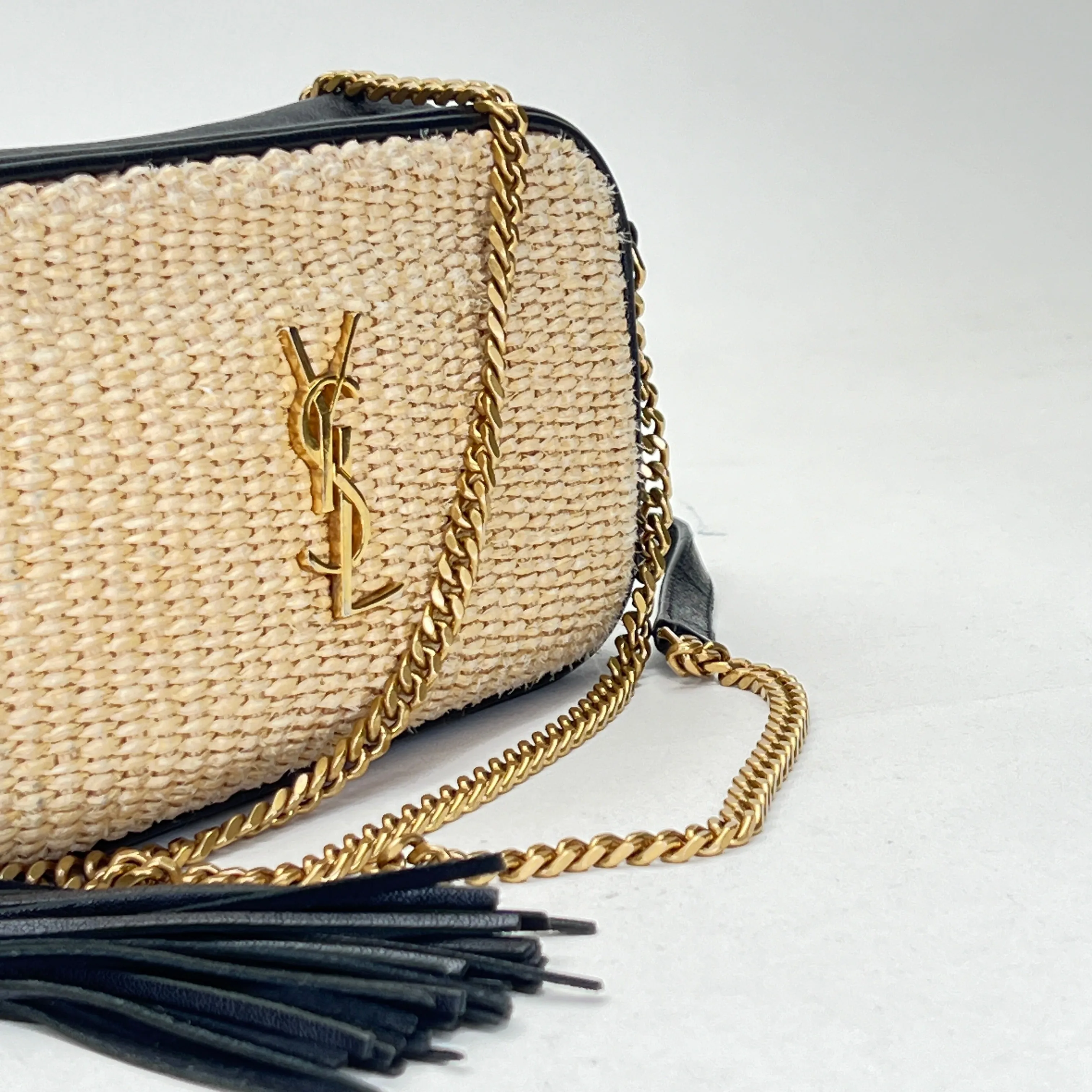 Lou Camera Mini Cream Crossbody Bag in Raffia, Gold hardware