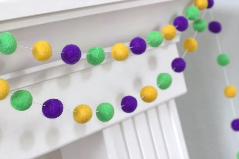 Mardi Gras Felt Ball Garland- Purple Green Golden Yellow