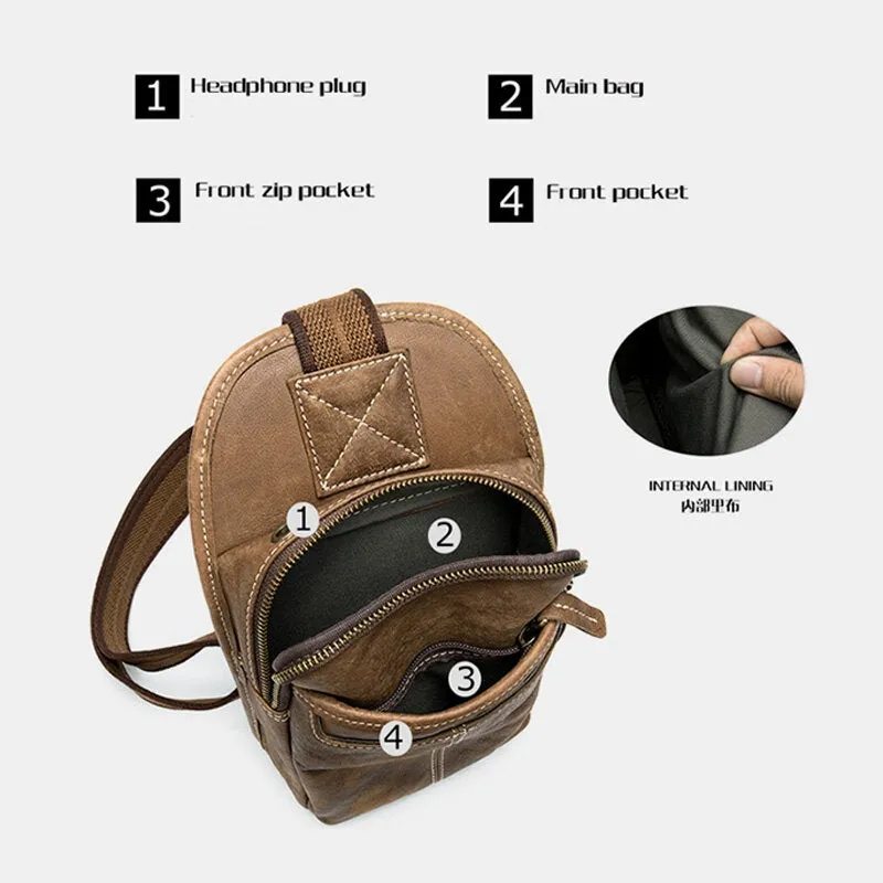 Men Genuine Leather Retro Front Zipper Pocket Chest Bag Headphone Hole Design Multi-pocket Cowhide Crossbody Bags Shoulder